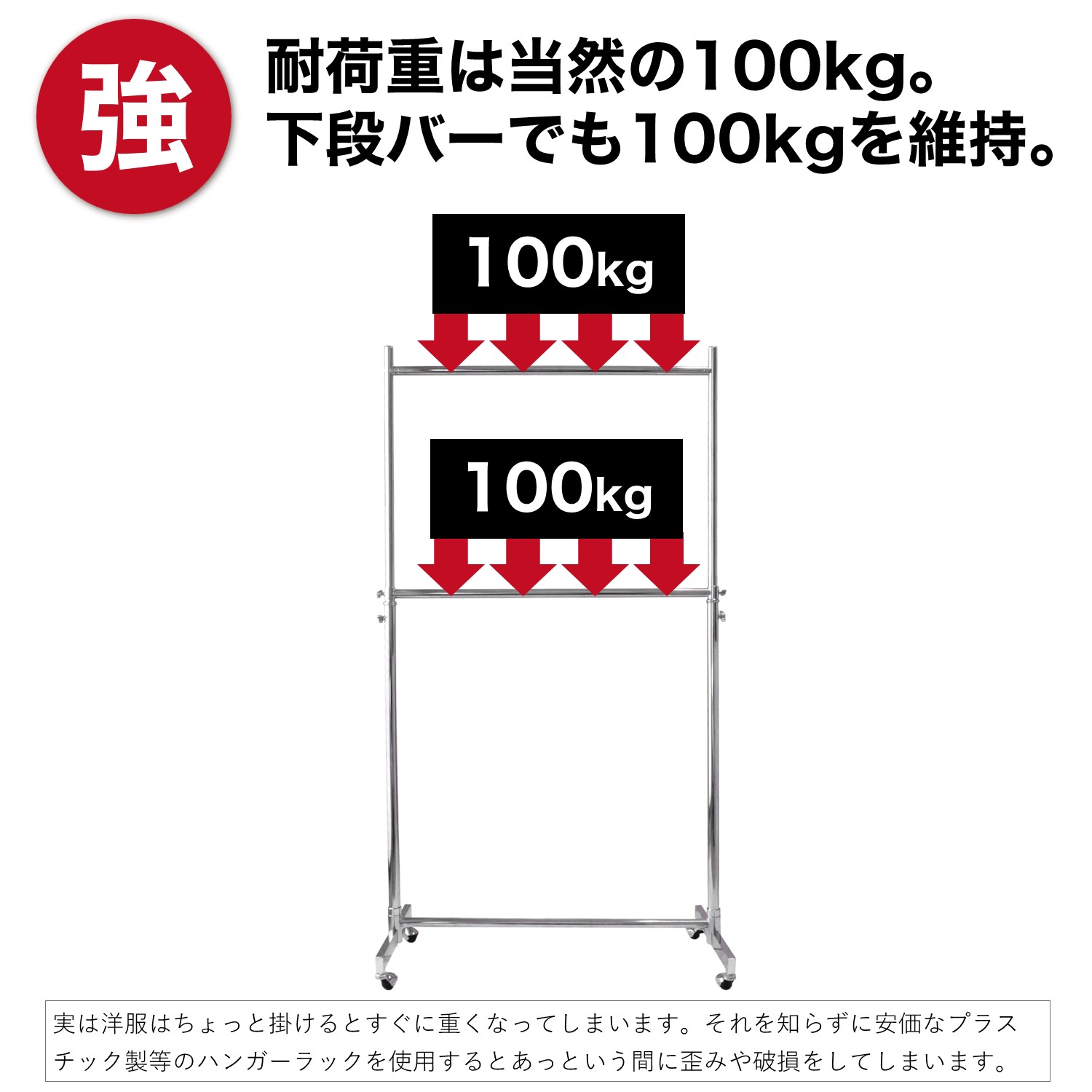 耐荷重は当然の100kg。ワイドな幅150cmのタイプでも80kgを維持。